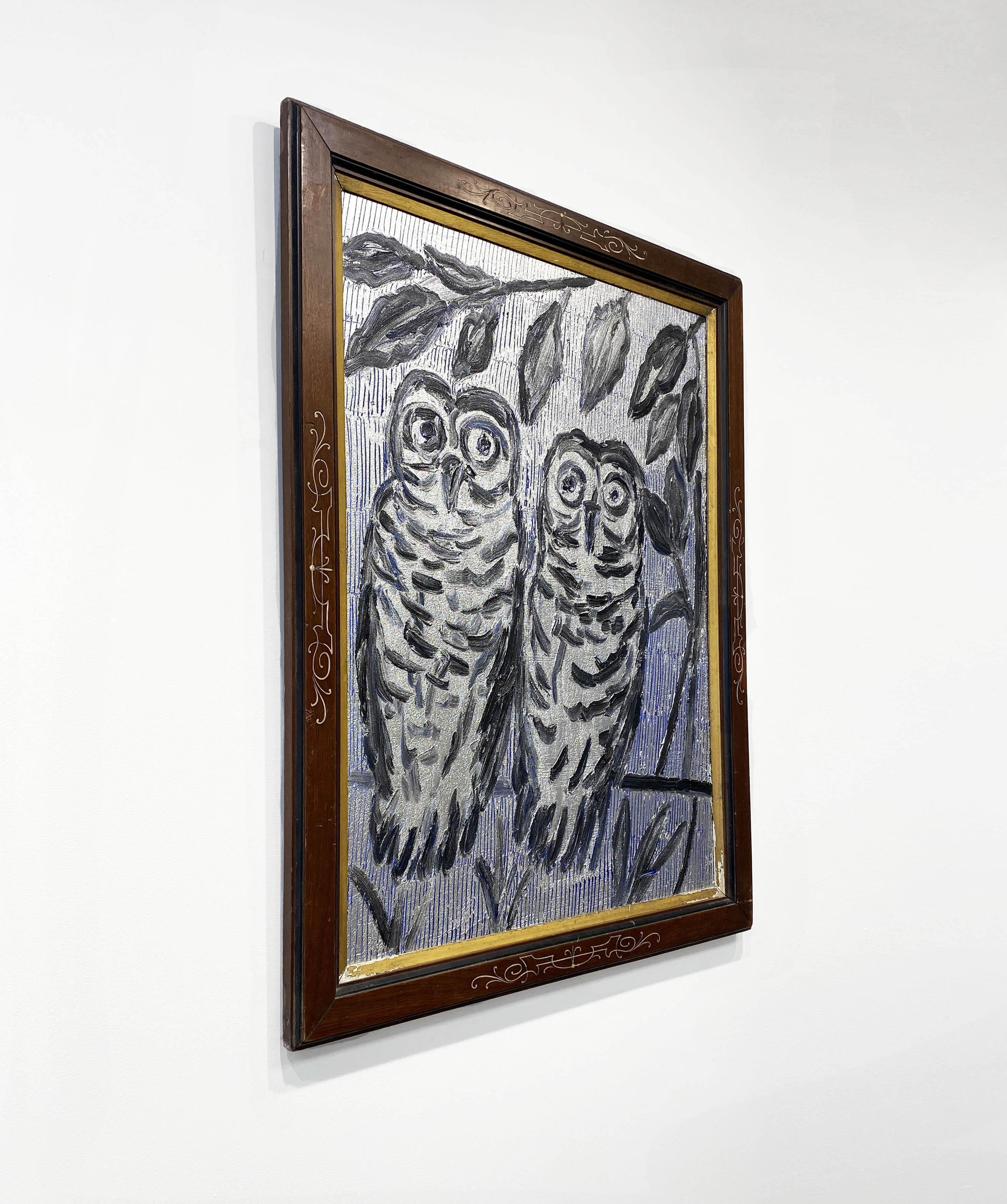 Hunt Slonem Black White Silver Owls Oil Painting 'Owls New Port' For Sale 2