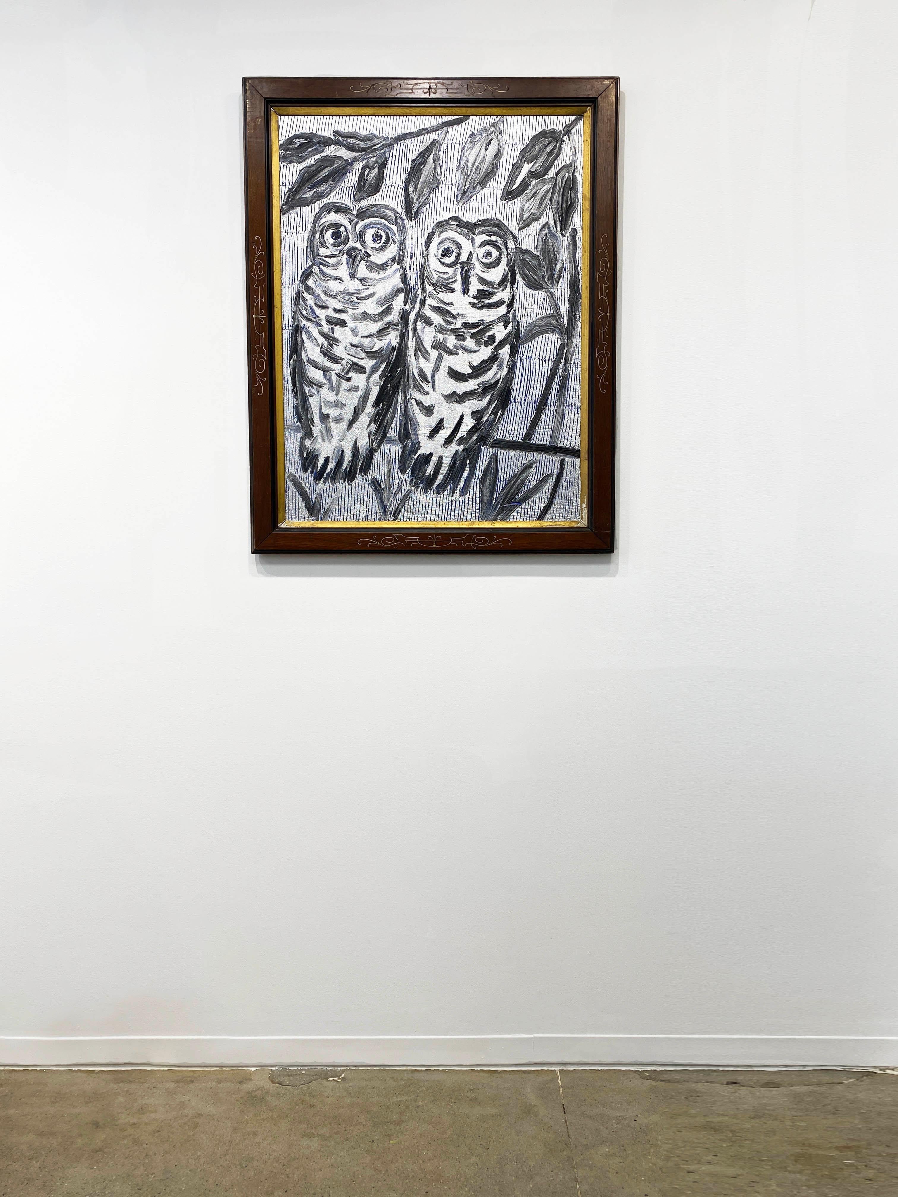 Hunt Slonem Black White Silver Owls Oil Painting 'Owls New Port' For Sale 3