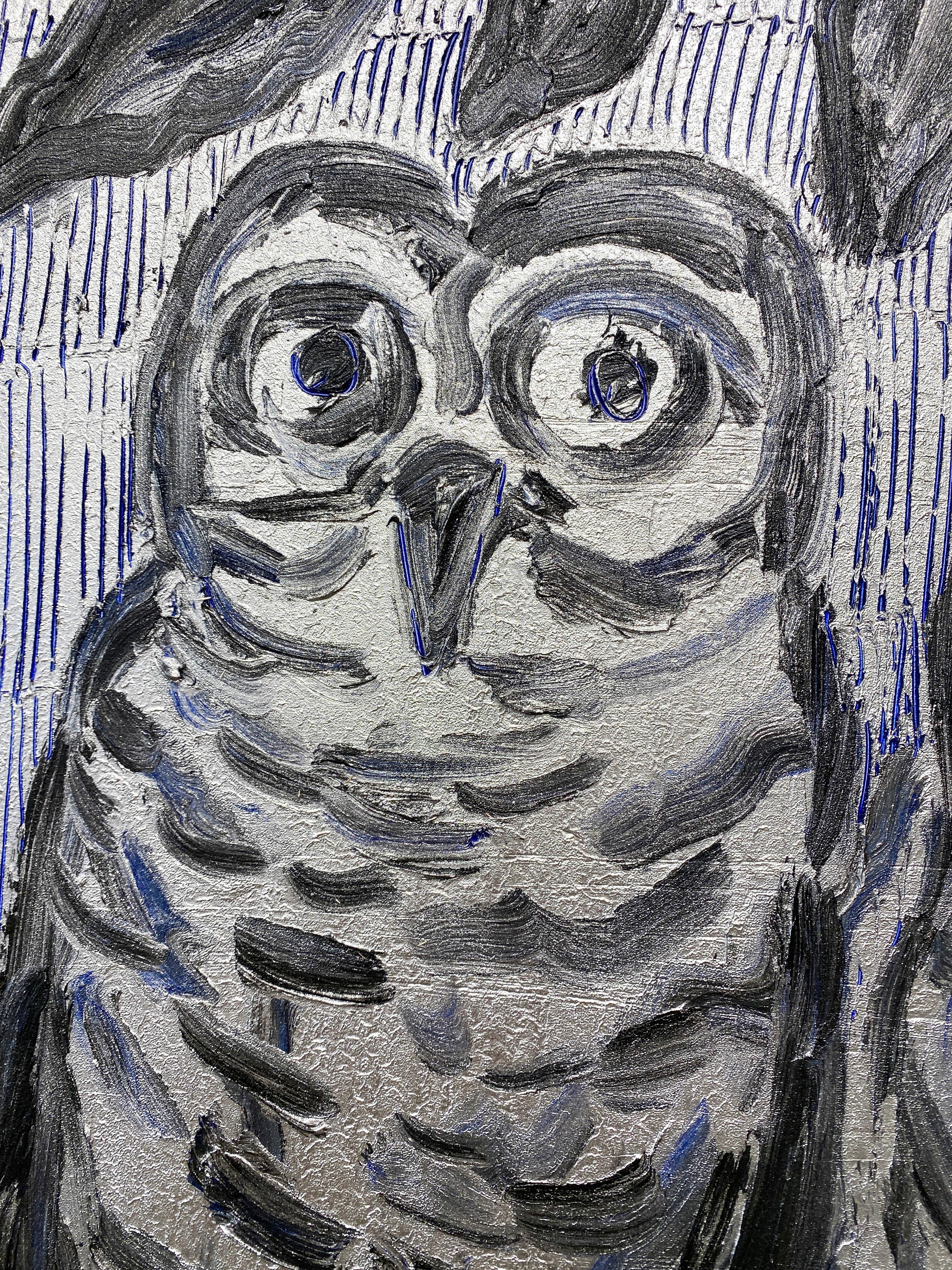 Hunt Slonem Black White Silver Owls Oil Painting 'Owls New Port' For Sale 4