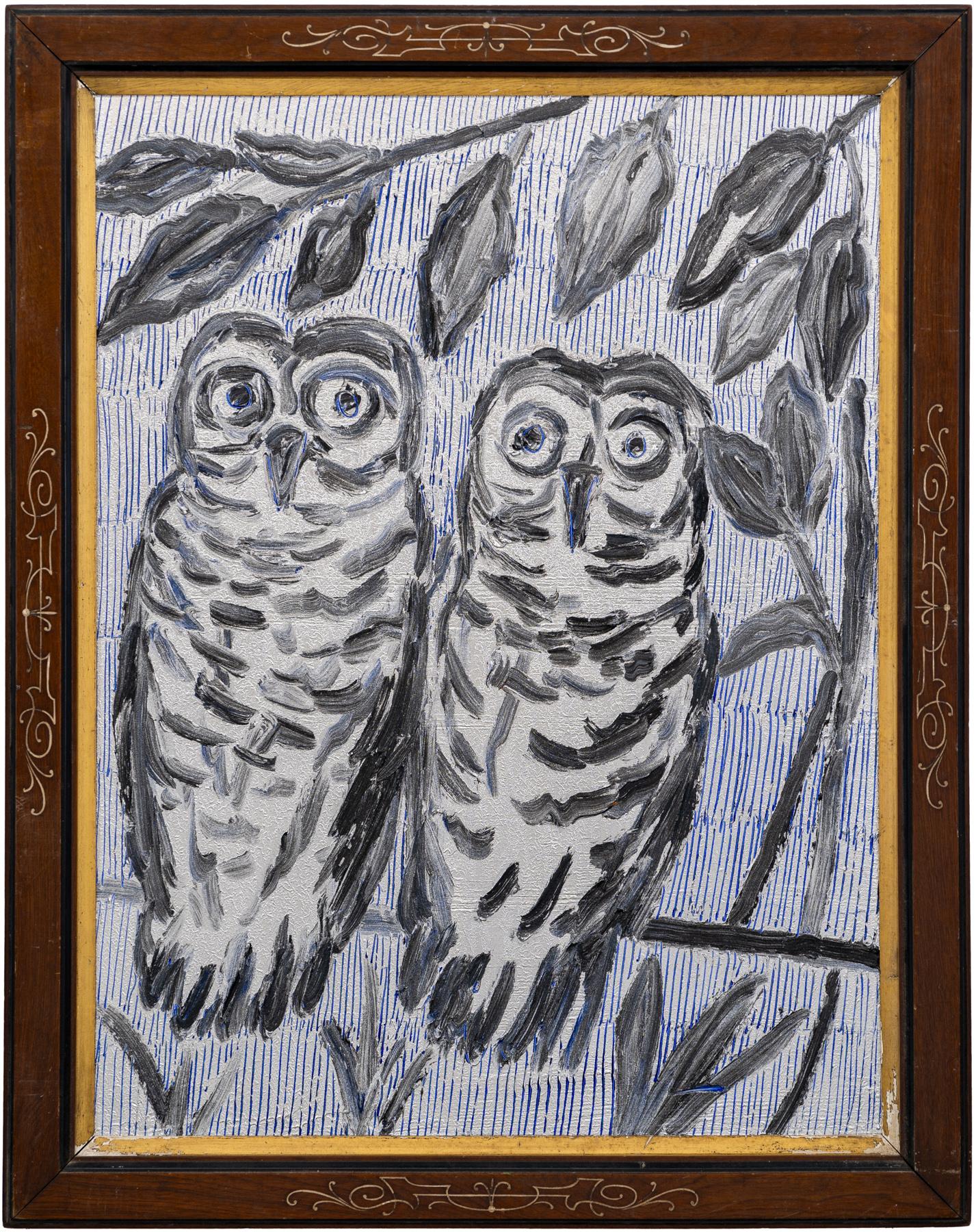 Available at Madelyn Jordon Fine Art. 'Owls New Port' by Hunt Slonem, 2024.  Oil on wood, 35 x 26 in. / Frame: 40 x 32 in. This painting features a charming portrait of two owls. The owls are painted in black and grey on a grey background with a