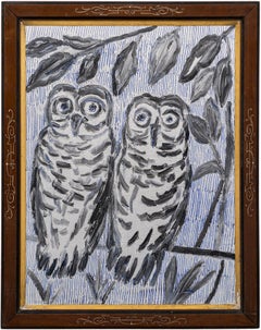 Hunt Slonem Peinture à l'huile 'Owls New Port' noir, blanc, argent et hiboux