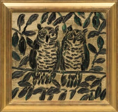 Hunt Slonem "Owls Washington" Peinture originale à l'huile représentant un hibou