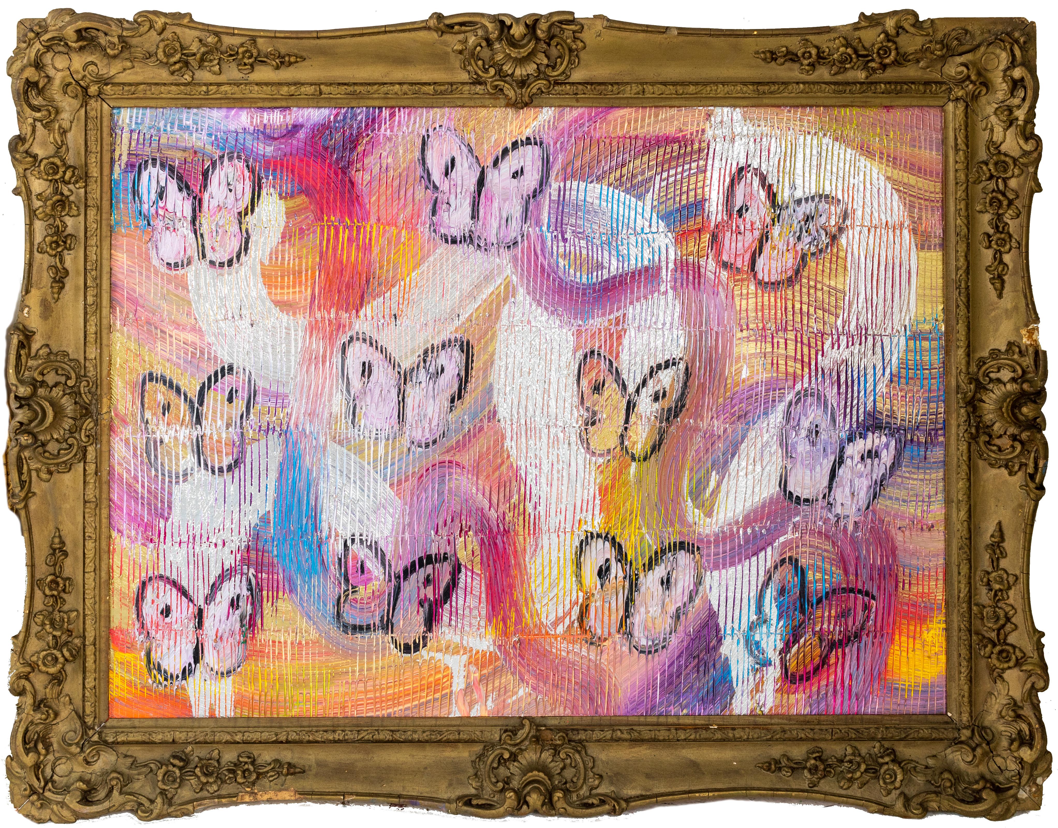Hunt Slonem "Pallet" Multicolored Metallic Butterflies
Black outlined butterflies in shades of pink, purple, and orange on a multicolored metallic background in an antique frame

Unframed: 22 x 30 inches  
Framed: 29 x 36.5 inches
*Painting is