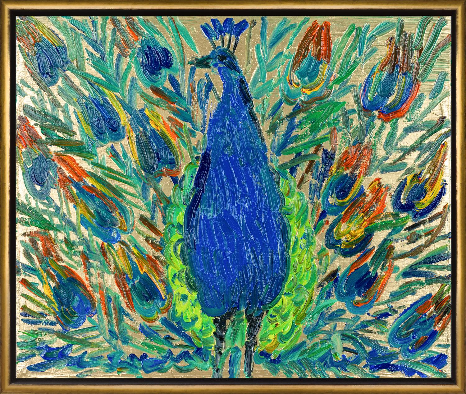 "Peacock Albania" is a neoexpressionist framed oil painting on canvas depicting a peacock with its feathers flared in front of a gold background

This piece is finished in a gold floater flame with a black woodgrain finish along the frames sides and