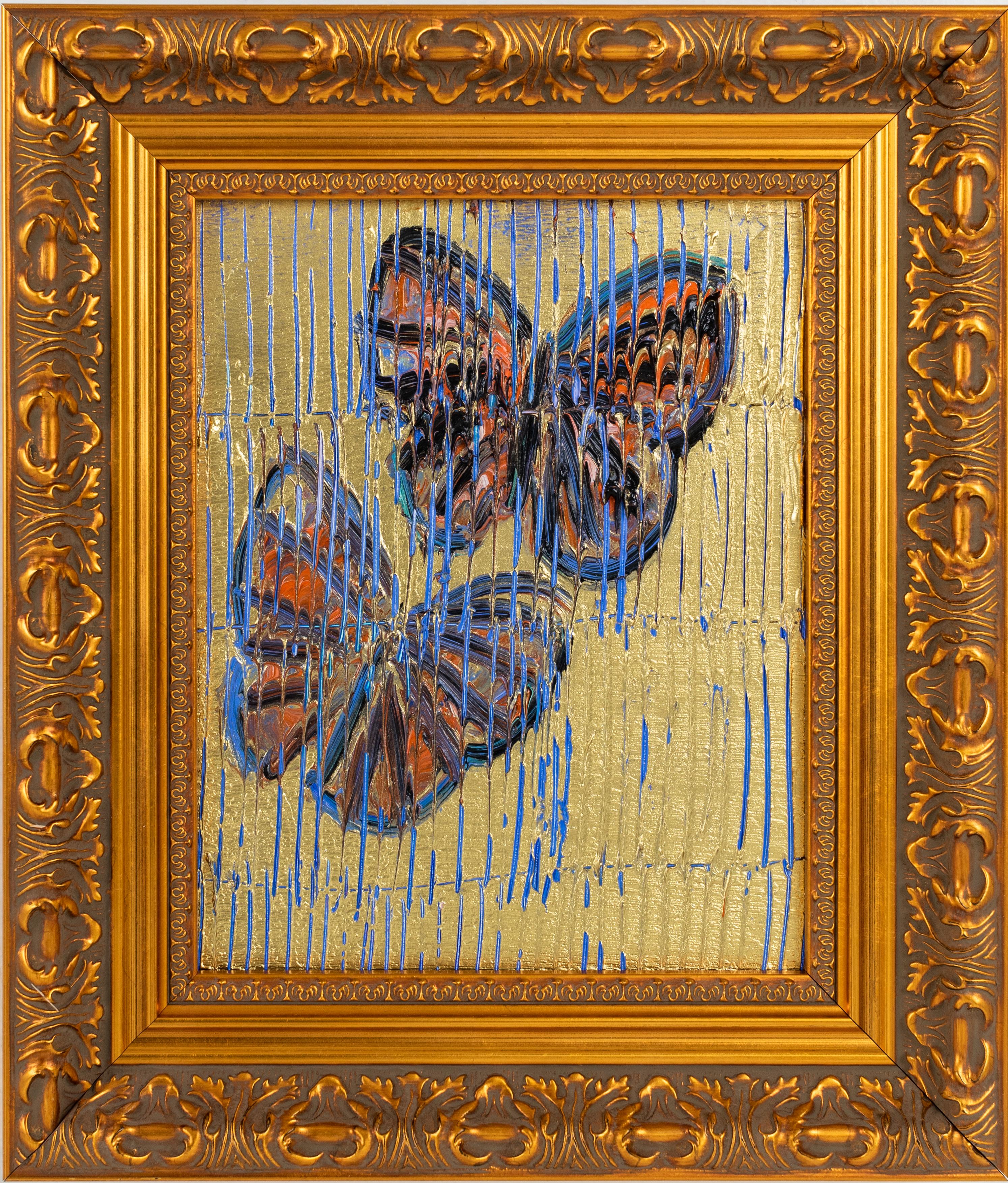 Hunt Slonem "Piermont Monarchs" Butterflies 
Orange Monarch Butterflies on a deep blue scored gold background in an antique frame

Unframed: 10 x 8 inches  
Framed: 14.5 x 12.5 inches
*Painting is framed - Please note that not all Hunt Slonem frames