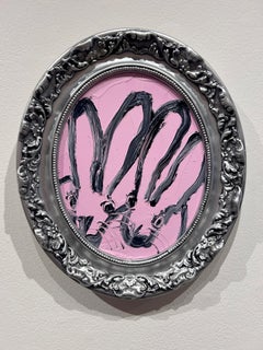 Hunt Slonem, "Pink Pair", 10x8 Light Pink Oval Textured Bunny Painting on Board