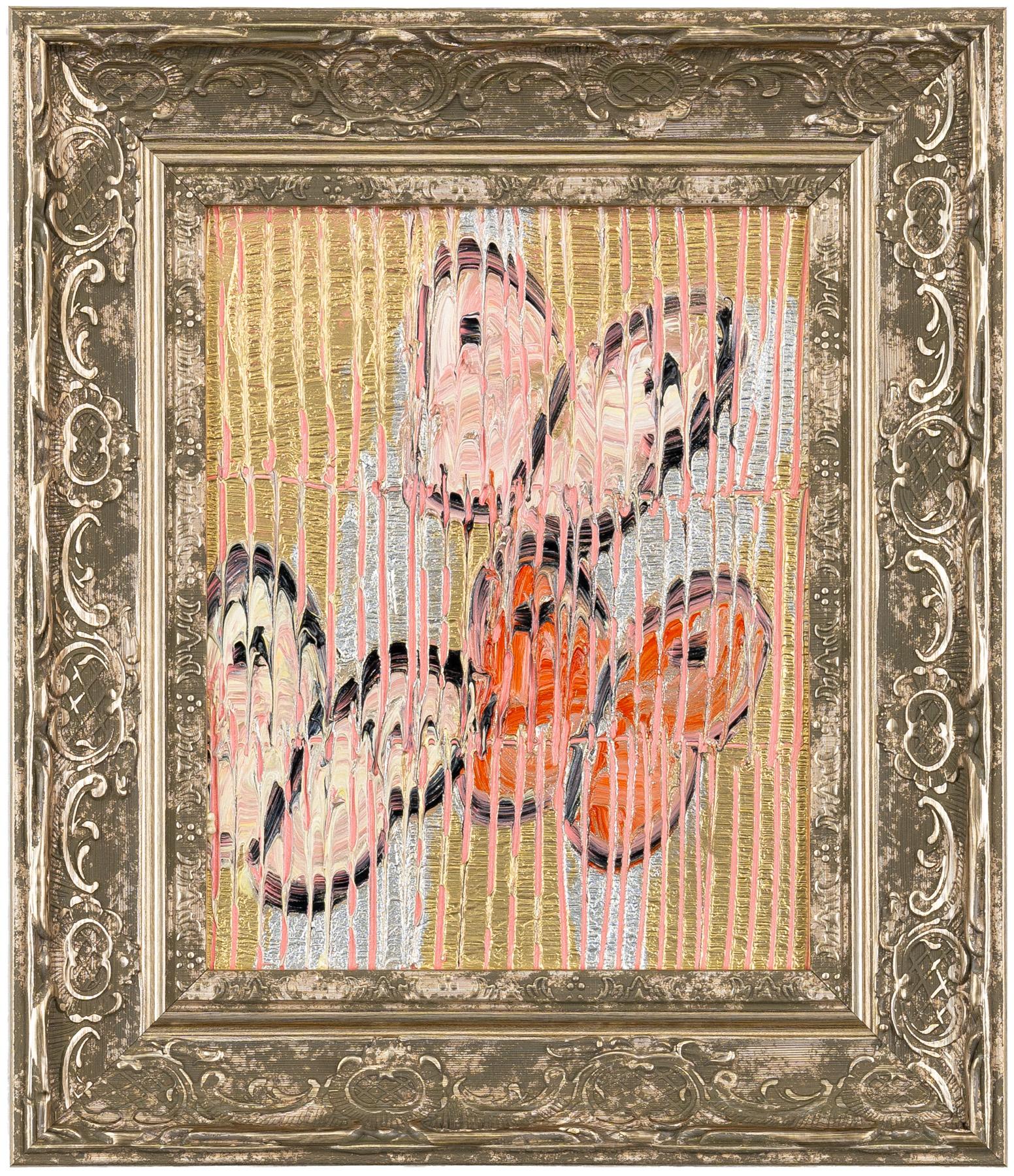 Hunt Slonem "Pink View" Butterflies on Metallic
Pink and orange butterflies on a metallic gold and silver etched background in a vintage frame.

Unframed: 10 x 8 inches
Framed: 14.5 x 12.5 inches
*Painting is framed - Please note Hunt Slonem