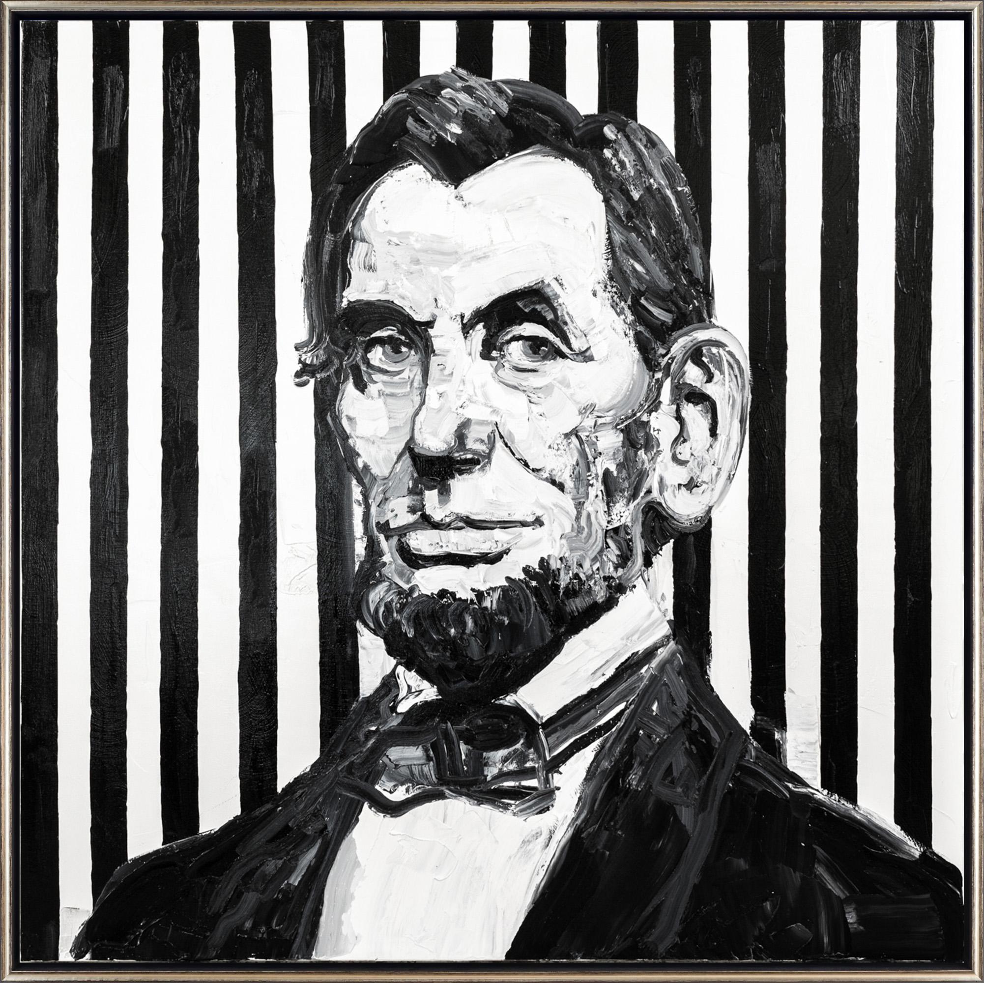 Hunt Slonem "Pres, Lincoln"  Expressionist Portrait with Black and White Stripes