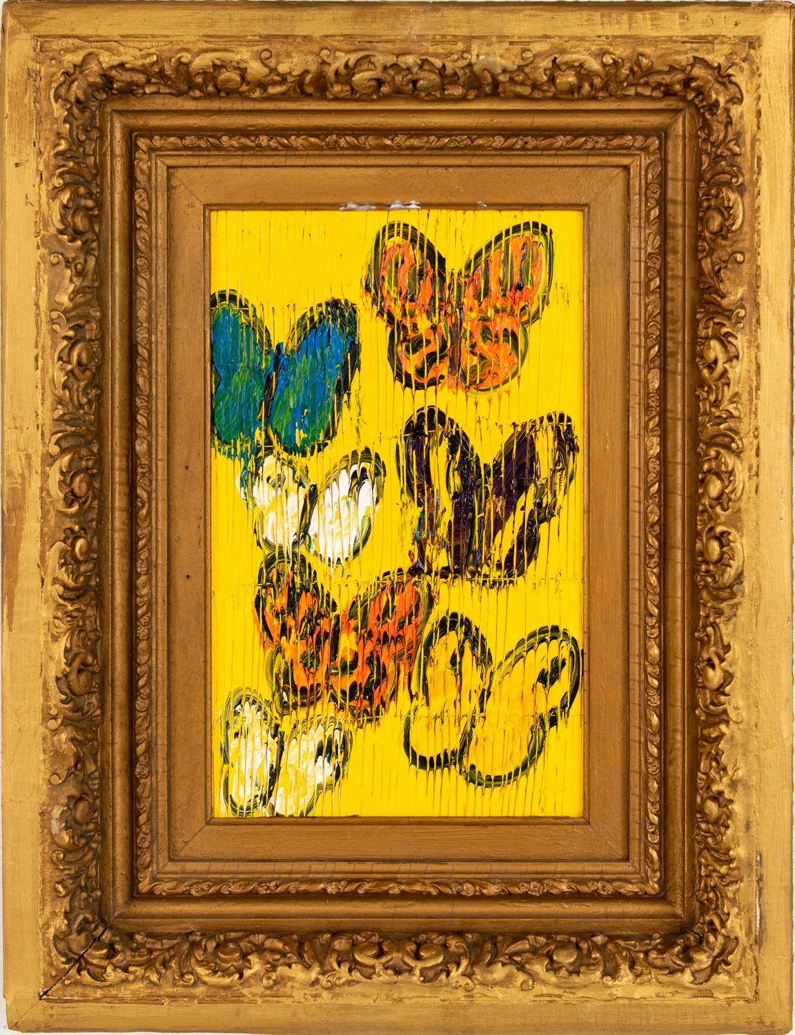 Hunt Slonem "Question mark & Comma (again)" Butterflies on Yellow
Multicolored butterflies on a yellow scored background in an antique gold wooden frame.

Unframed: 16.5 x 10.5 inches
Framed: 26.5 x 20.5 inches
*Painting is framed - Please note Hunt