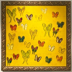Hunt Slonem "Question Mark & Comma" Yellow Textured Butterfly Painting
