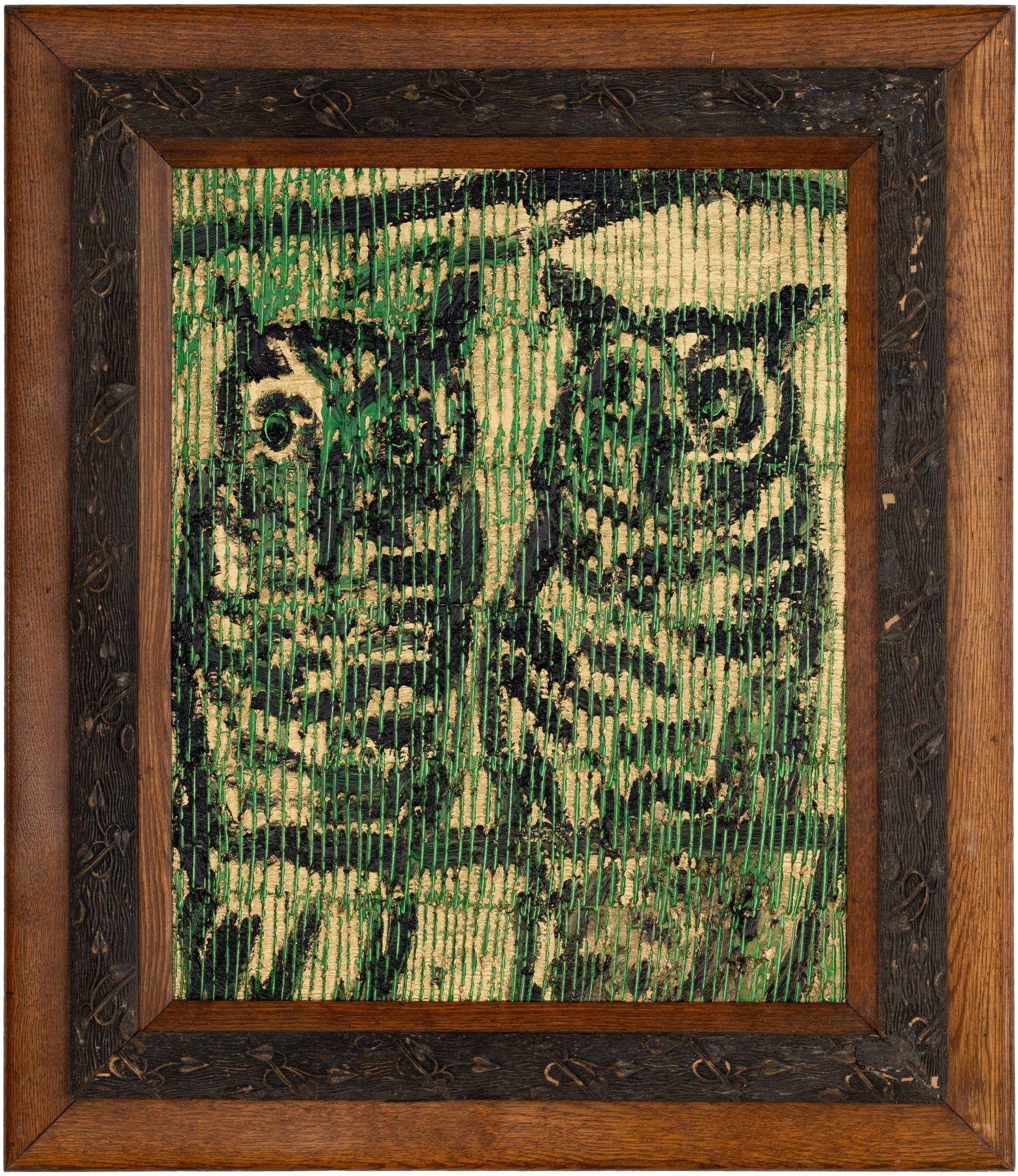 Renowned artist Hunt Slonem's "Rays Walk" is a 21.5x17.5 metallic gold oil painting on wood board of two contemporary abstract owl in black sitting on tree branches against a gold background. Hunt Slonem scores and carves in lines with the back of