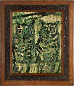Hunt Slonem, "Rays Walk", 21.5x17.5 Gold Green Black Owl Oil Painting on Board