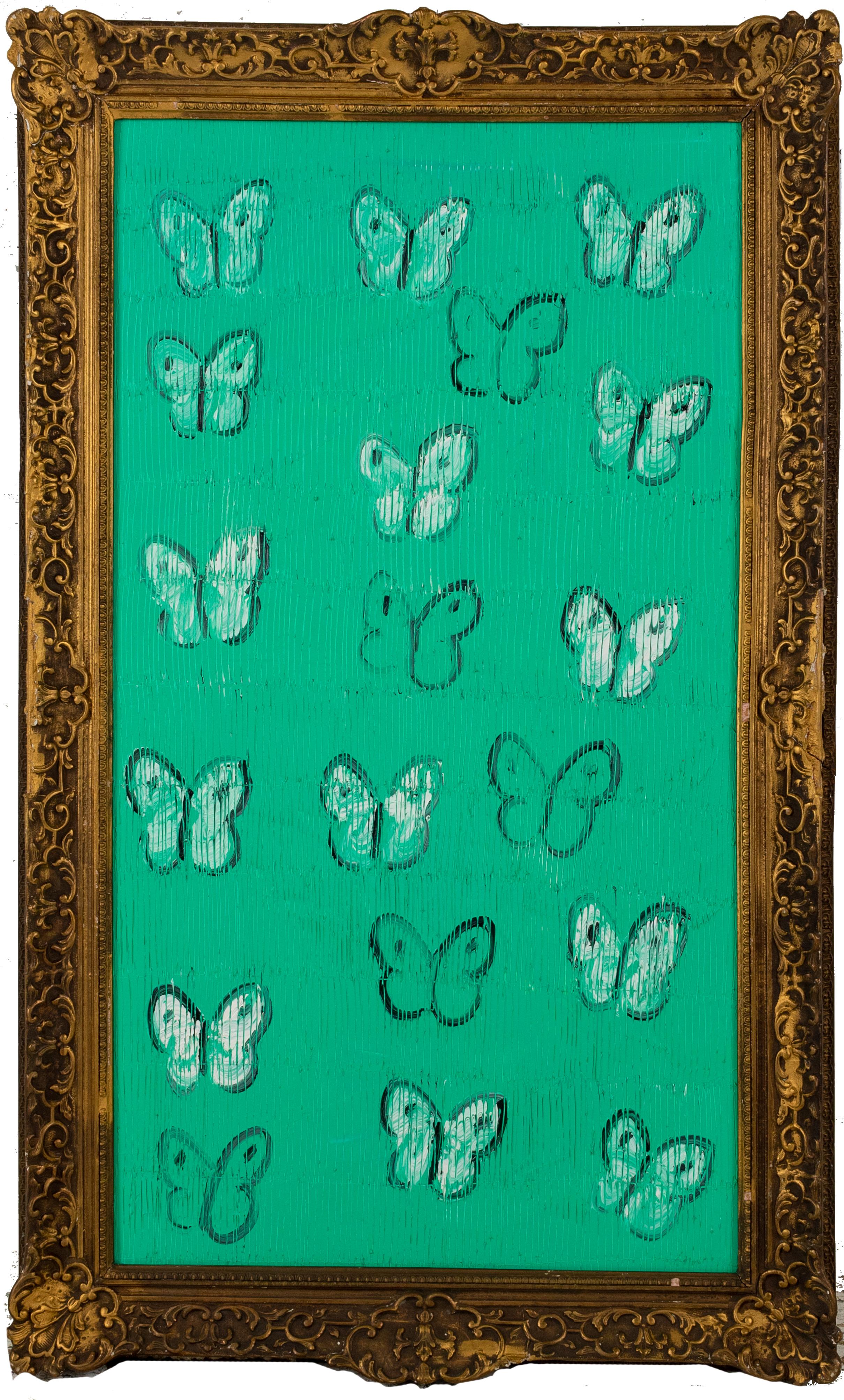 Hunt Slonem "Realm of Senses" Green Butterflies  
Outlined butterflies on an emerald green scored background in an antique frame

Unframed: 47.5 x 26 inches  
Framed: 54.25 x 33 inches  
*Painting is framed - Please note that not all Hunt Slonem