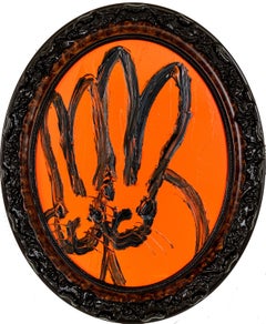 Hunt Slonem "Red Duet" Bright Orange Bunny Couple