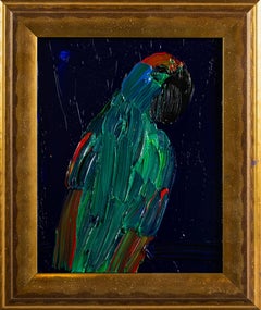 Hunt Slonem "Amazzone dalla testa rossa" pappagallo neoespressionista con cornice olio su Wood