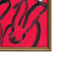 Hunt Slonem "Red Hutch" Neo-Expressionist Bunnies Framed Oil on Wood Painting