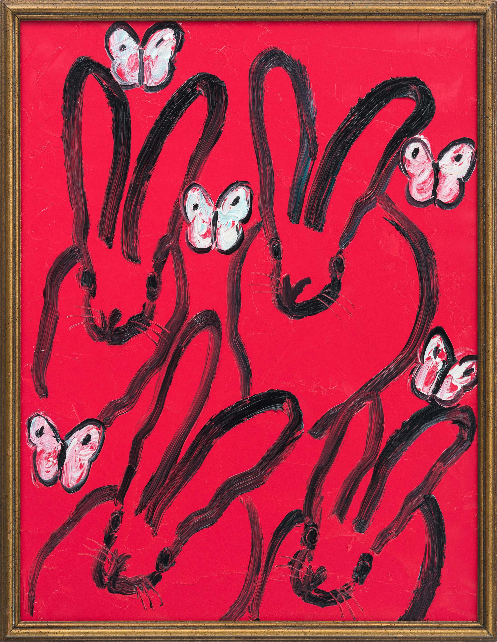 Hunt Slonem "Red Hutch" Neo-Expressionistische Hasen Gerahmte Öl auf Holz Gemälde