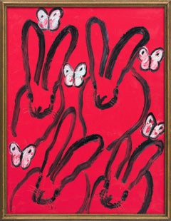 Hunt Slonem "Red Hutch" Peinture néo-expressionniste à l'huile sur bois encadrée "Bunnies".