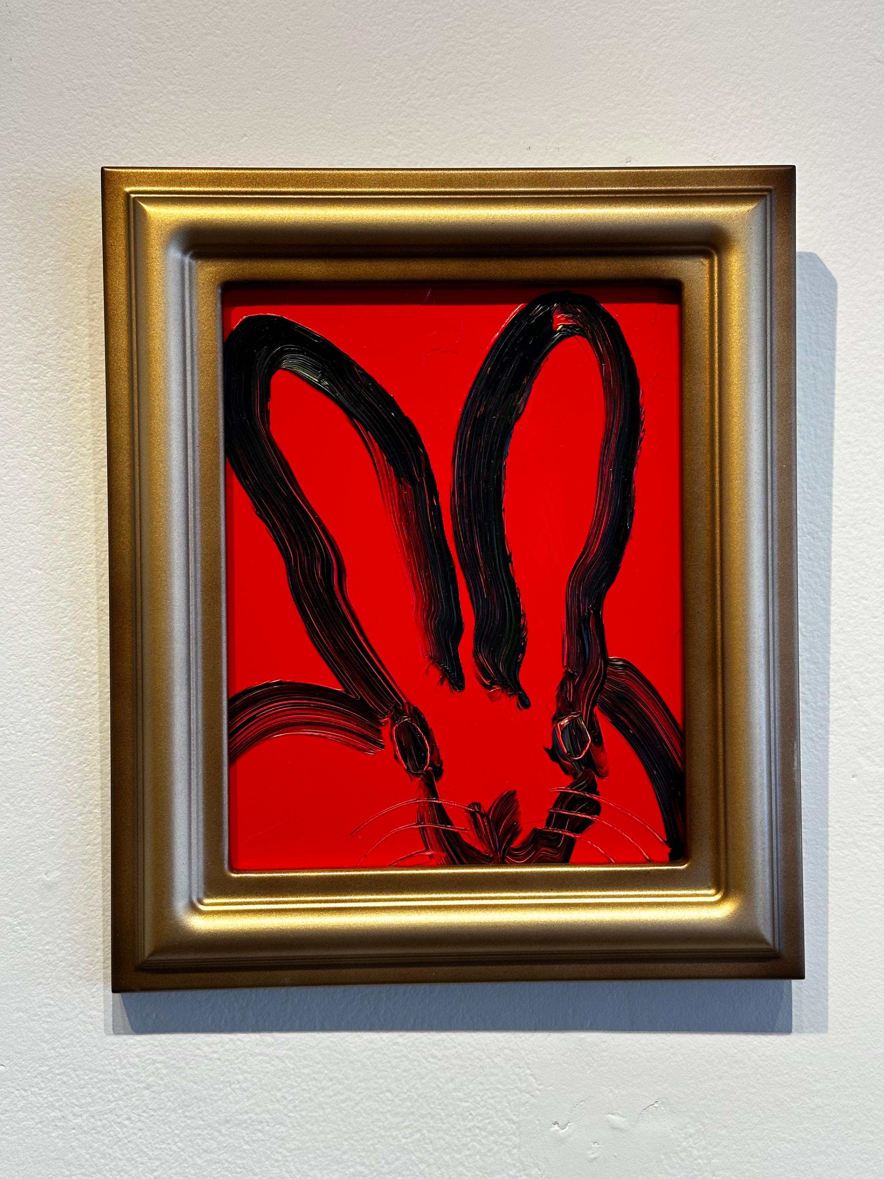 Hunt Slonem, « Red Rose », peinture à l'huile de lapin un seul lapin rouge, 10 x 8 cm en vente 1