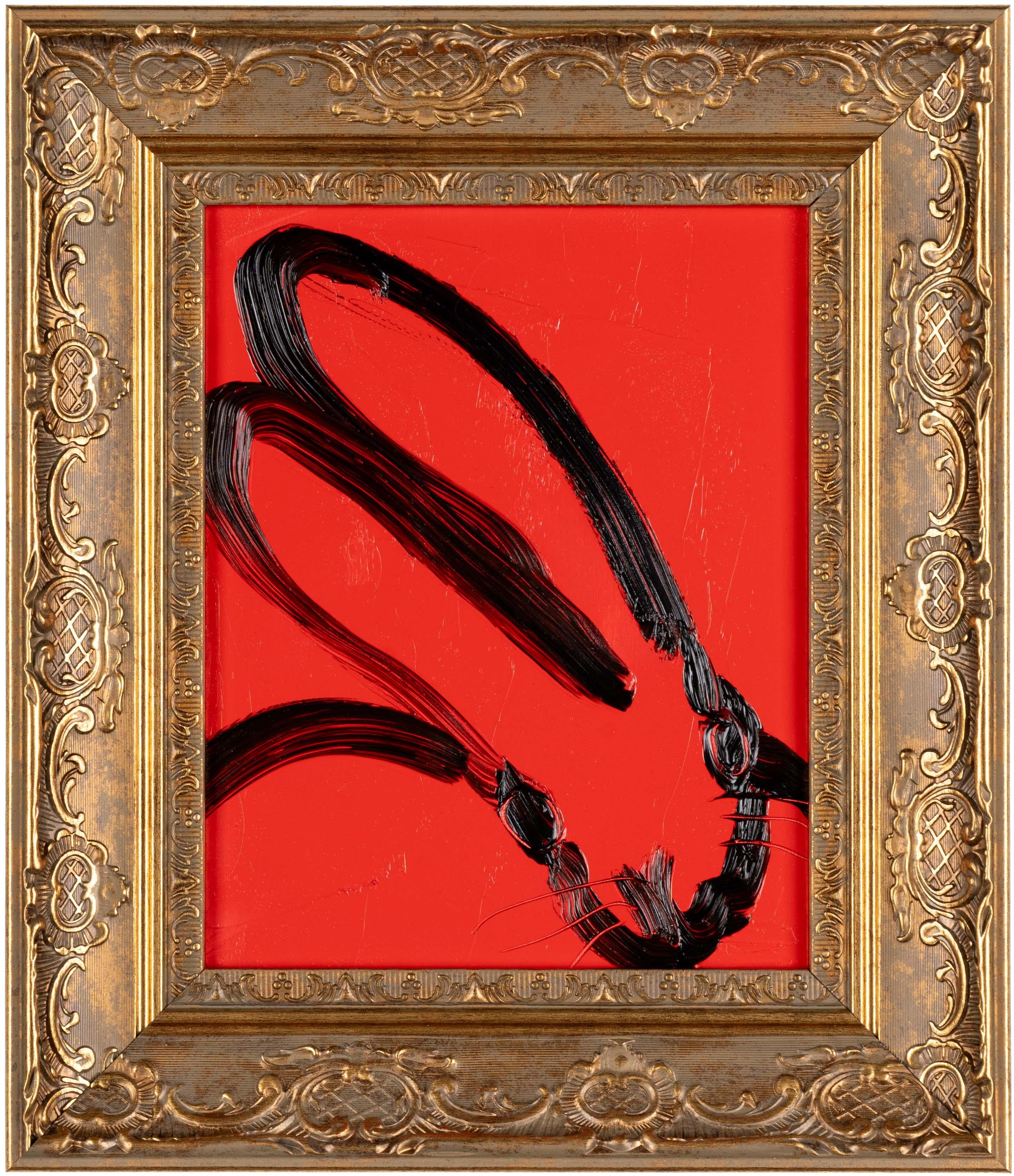 Hunt Slonem "Red Rouse" Bunny
A bunny gestured in black on a red background. Framed in an antique wooden gold frame.

Unframed: 10 x 8 inches
Framed: 14.5 x 12.5 inches
*Painting is framed - Please note Hunt Slonem paintings with frames may show