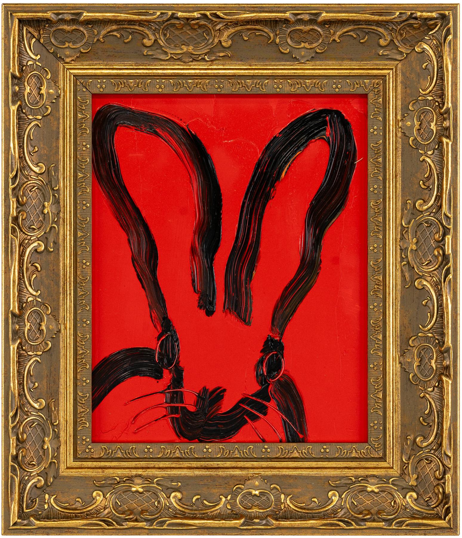 Hunt Slonem "Red Rover" Bunny
A gestured bunny rabbit in black on a red background. Framed in a vintage gold frame.

Unframed: 10 x 8 inches
Framed: 14.5 x 12.5 inches
*Painting is framed - Please note Hunt Slonem paintings with frames may show