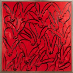 Hunt Slonem "Red Rover" Oil Painting of Black Bunnies on Red Background