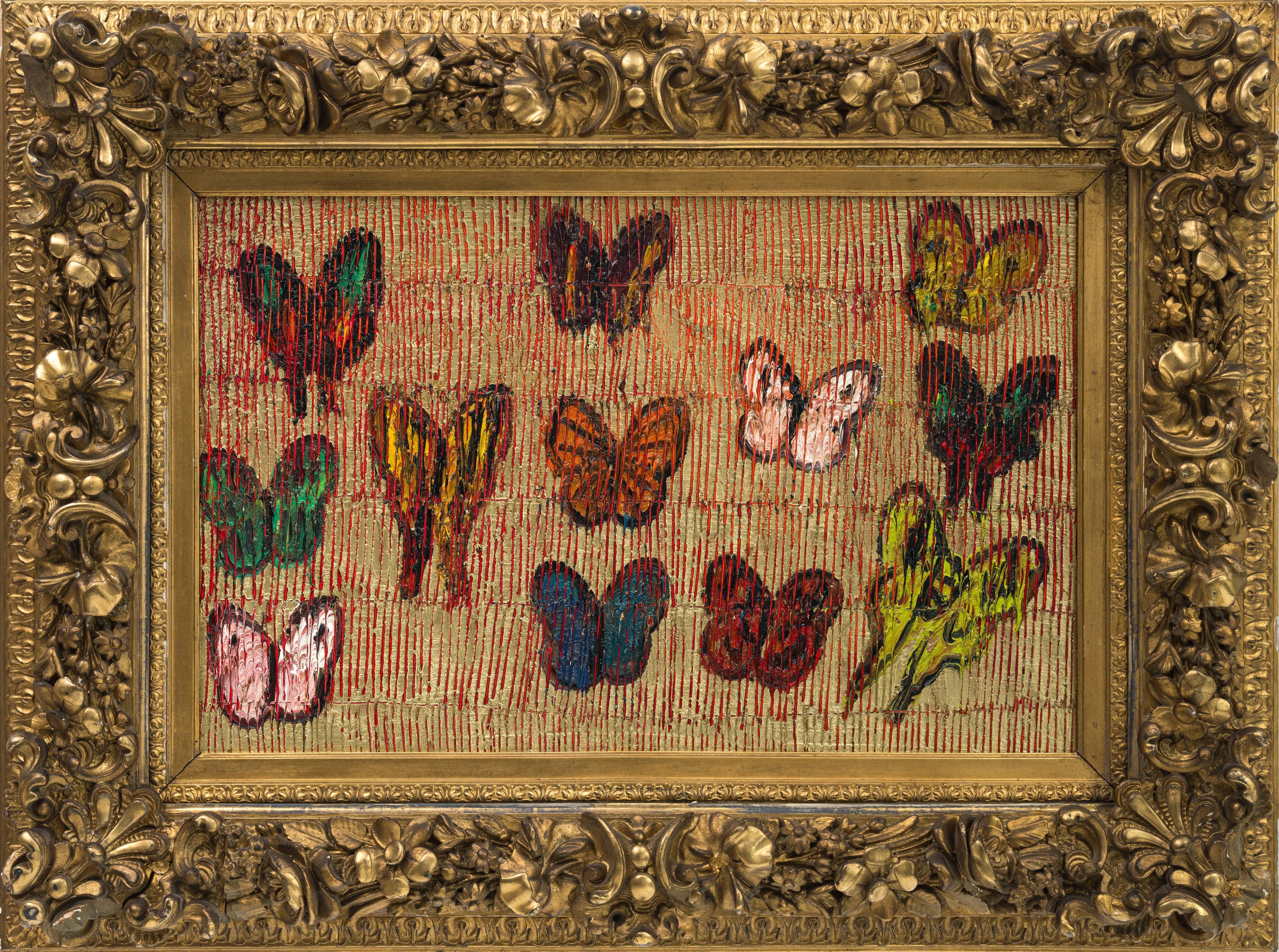 Hunt Slonem "Red Sea Before Parting" Multicolor Butterflies on Gold
A group of butterflies on a scored metallic background in a vintage frame

Unframed: 19 x 29 inches
Framed: 31.5 x 41.5 inches
*Painting is framed - Please note Hunt Slonem
