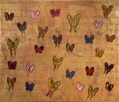 Hunt Slonem "Red Sea Migration" Multiple Colored Butterflies On Red and Gold