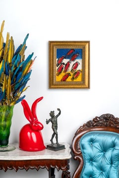 Hunt Slonem "Red Tanagers" Birds on Striped Background