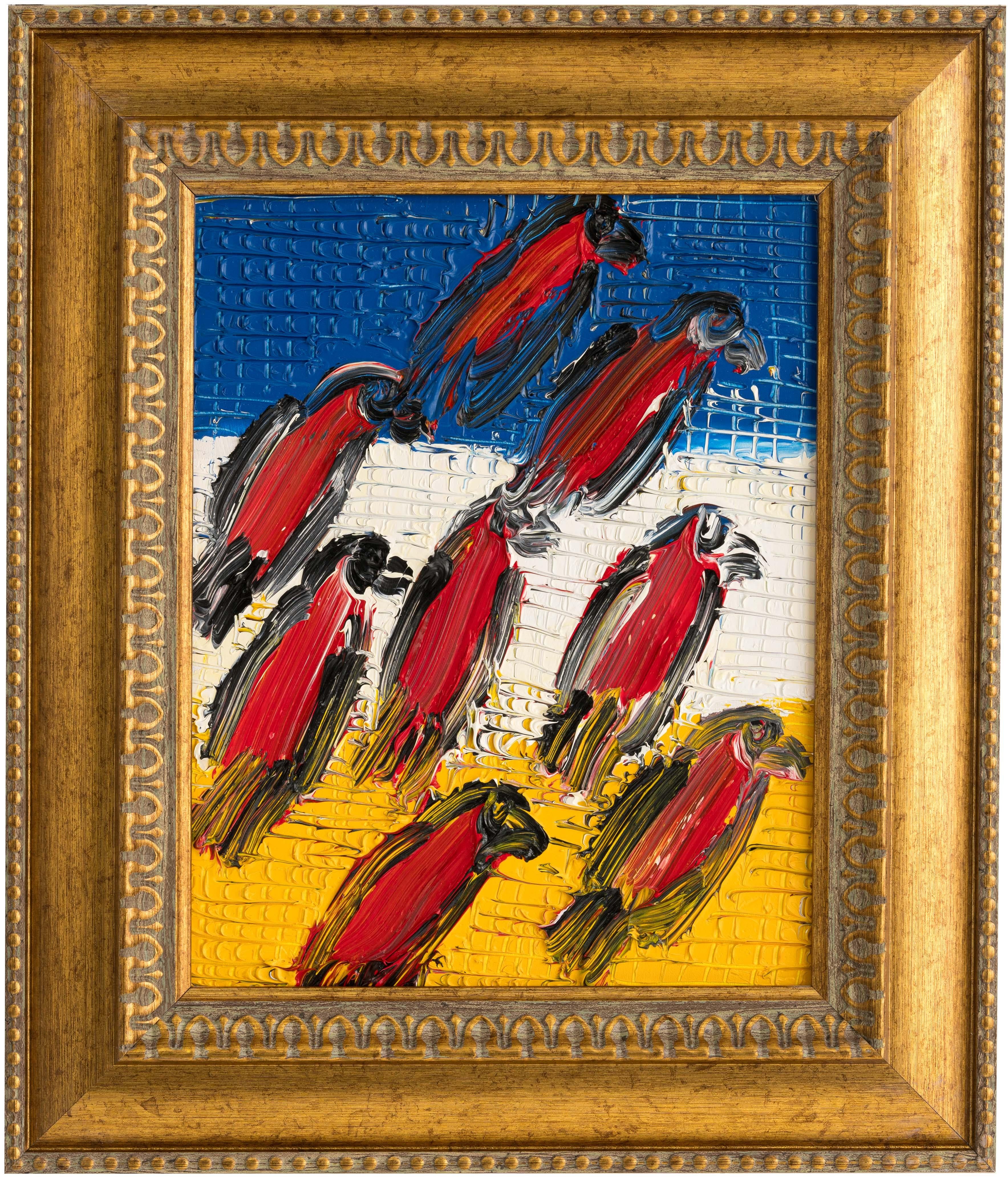 Hunt Slonem "Red Tanagers" Birds on Striped Background
A group of eight birds gestured in red and black on a scored, multicolor background.

Unframed: 10 x 8 inches
Framed: 15 x 13 inches
*Painting is framed - Please note Hunt Slonem paintings with