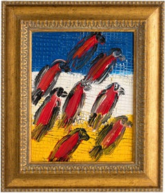 Hunt Slonem "Red Tanagers" Vögel auf gestreiften Hintergrund