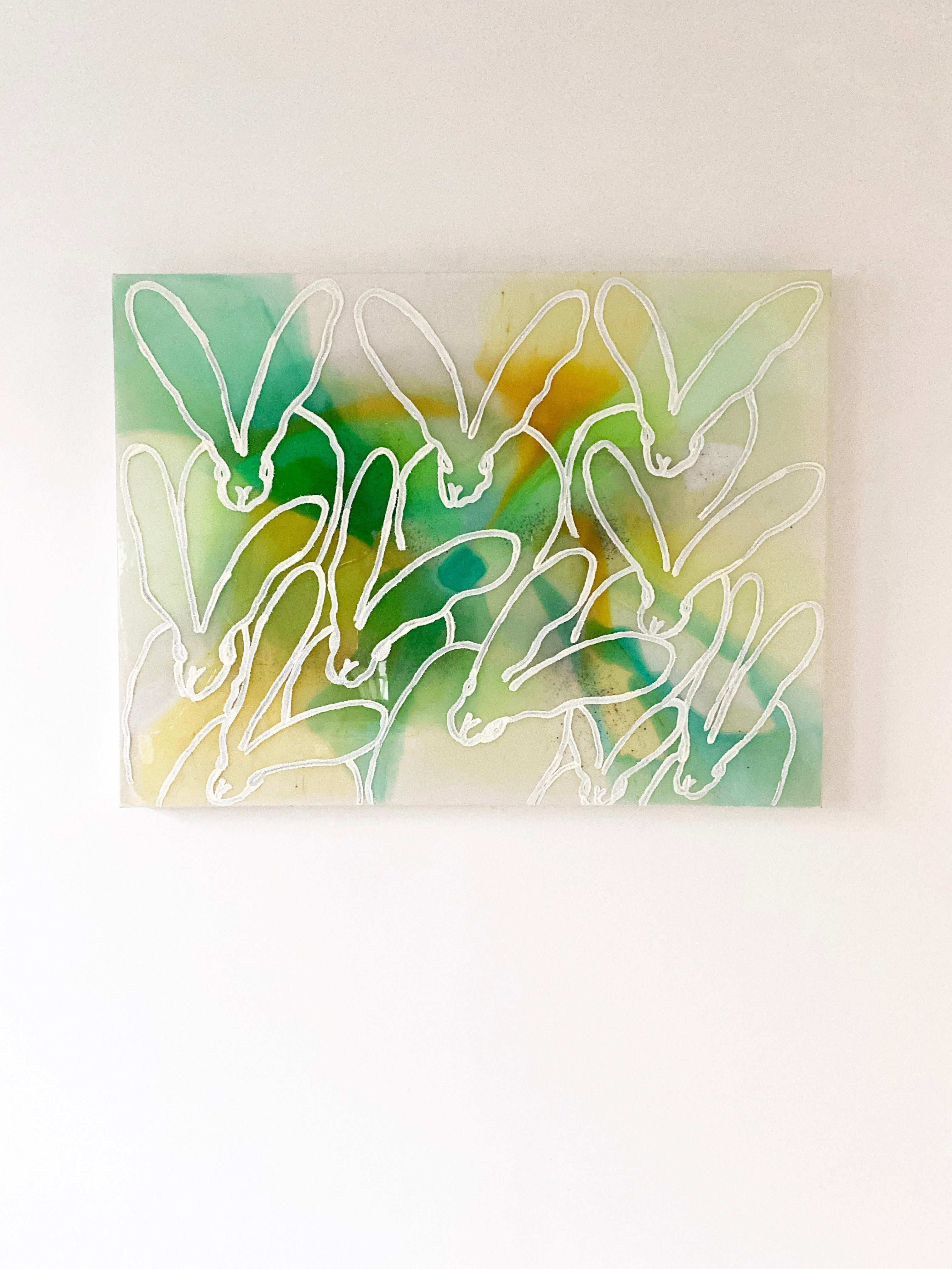 Hunt Slonem, Resin and Diamond dust Green White Bunnies Painting, 'Glisten Dawn' For Sale 1