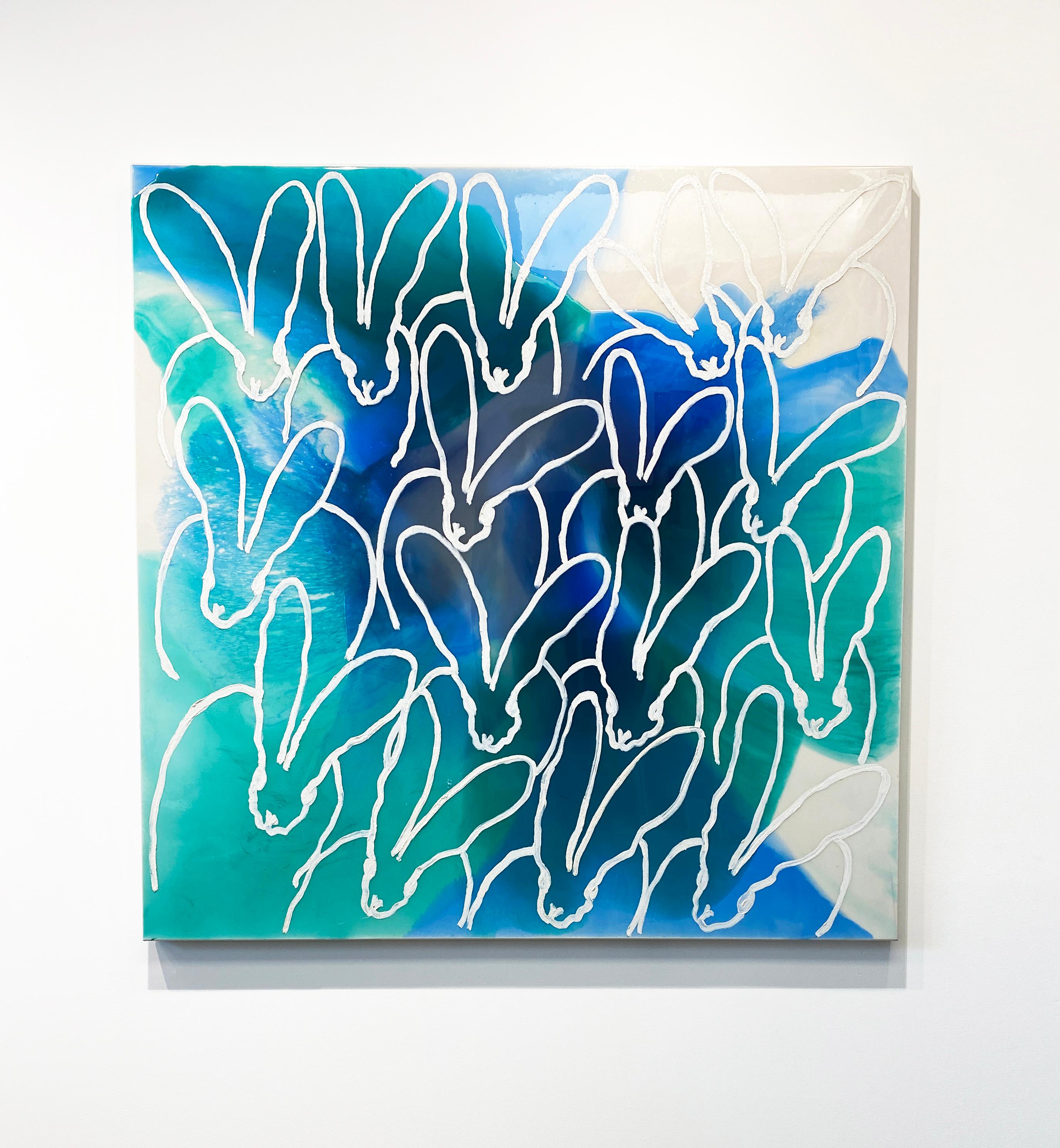 Hunt Slonem, pittura di coniglietti verdi e blu in resina e pittura a olio, 'Glisten Hutch' in vendita 1