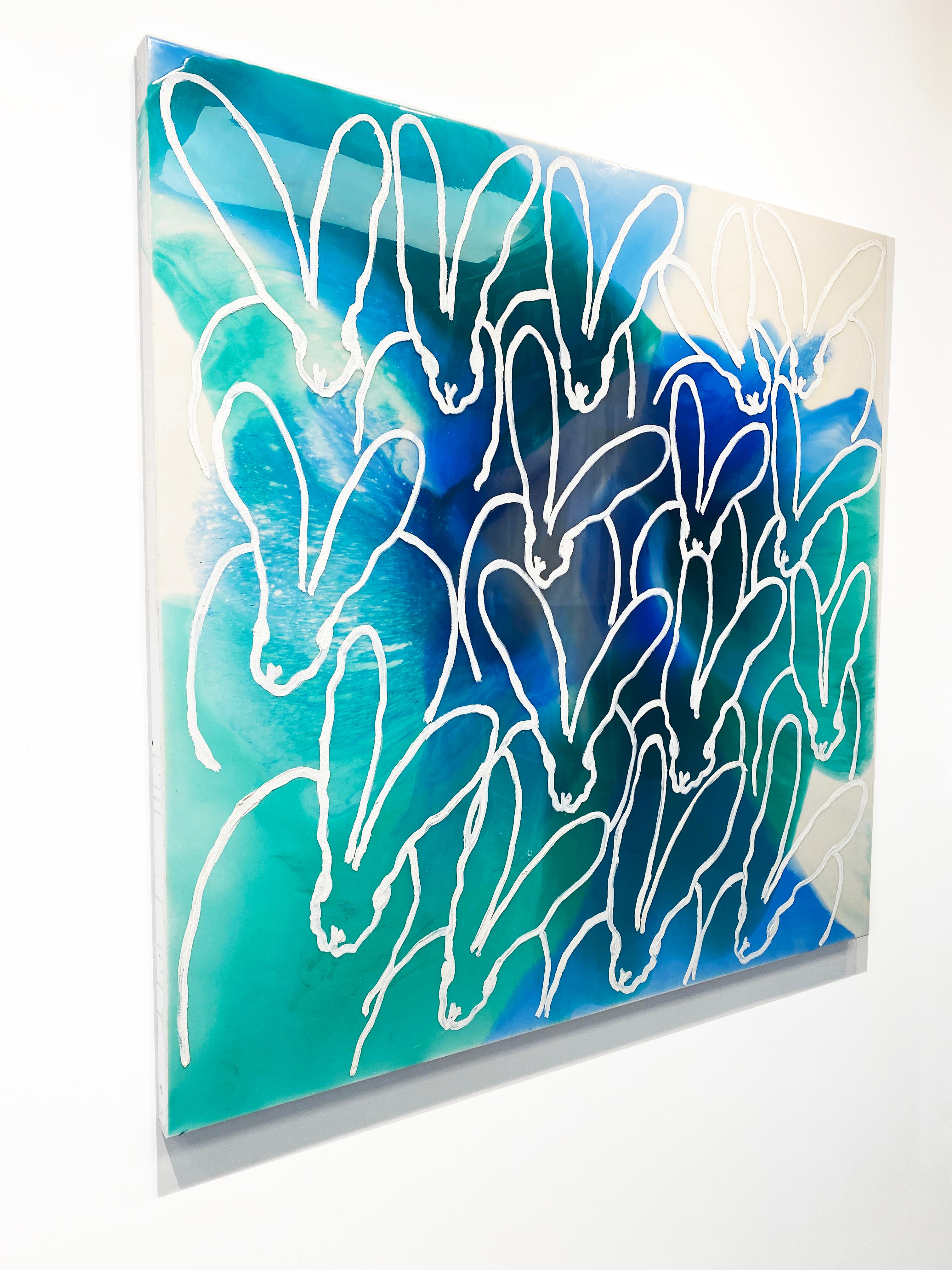 Hunt Slonem, pittura di coniglietti verdi e blu in resina e pittura a olio, 'Glisten Hutch' in vendita 2