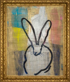 Hunt Slonem "Running Race" Gold Oil Painting with Color Blocks and Black Bunny