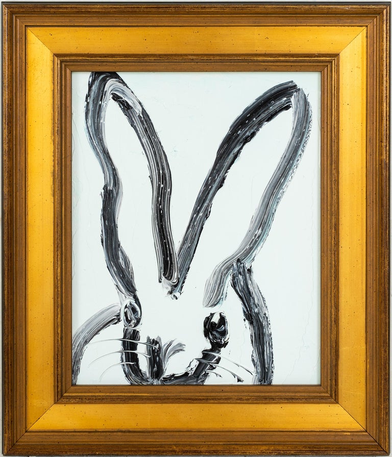Hunt Slonem "Sandy" Sky Light Blue Bunny
Black outlined spotted bunny on a light blue oil background in an antique frame

Unframed: 10 x 8 inches  
Framed: 14 x 12 inches
*Painting is framed - Please note that not all Hunt Slonem frames are not in