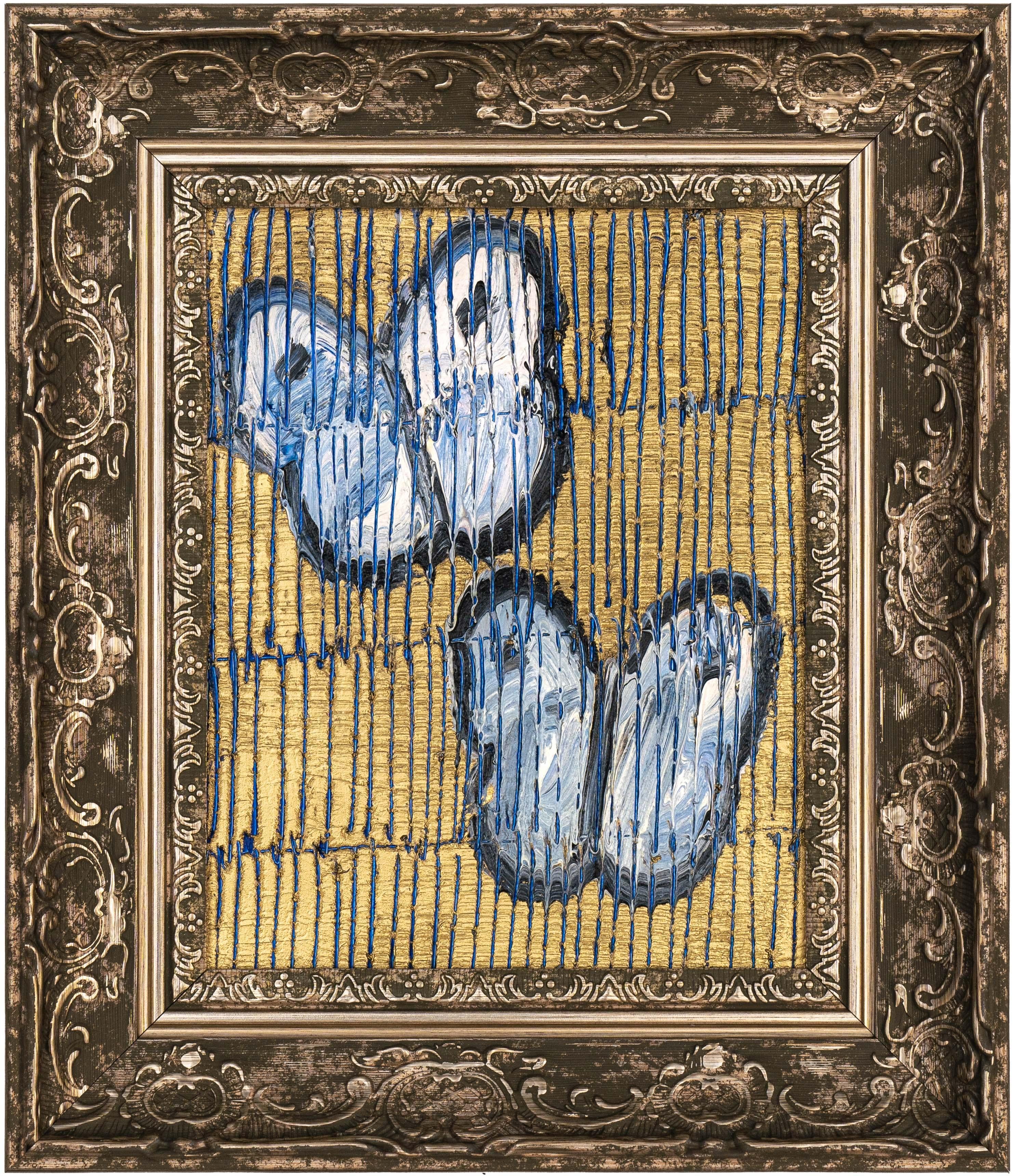 Hunt Slonem "Marcador Campo de Sueños" Mariposas Azules y Doradas
Un par de mariposas gesticulando en blanco sobre un fondo dorado y azul punteado en un marco vintage

Sin enmarcar: 10 x 8 pulgadas
Enmarcado: 14,5 x 12,5 pulgadas
*La pintura está