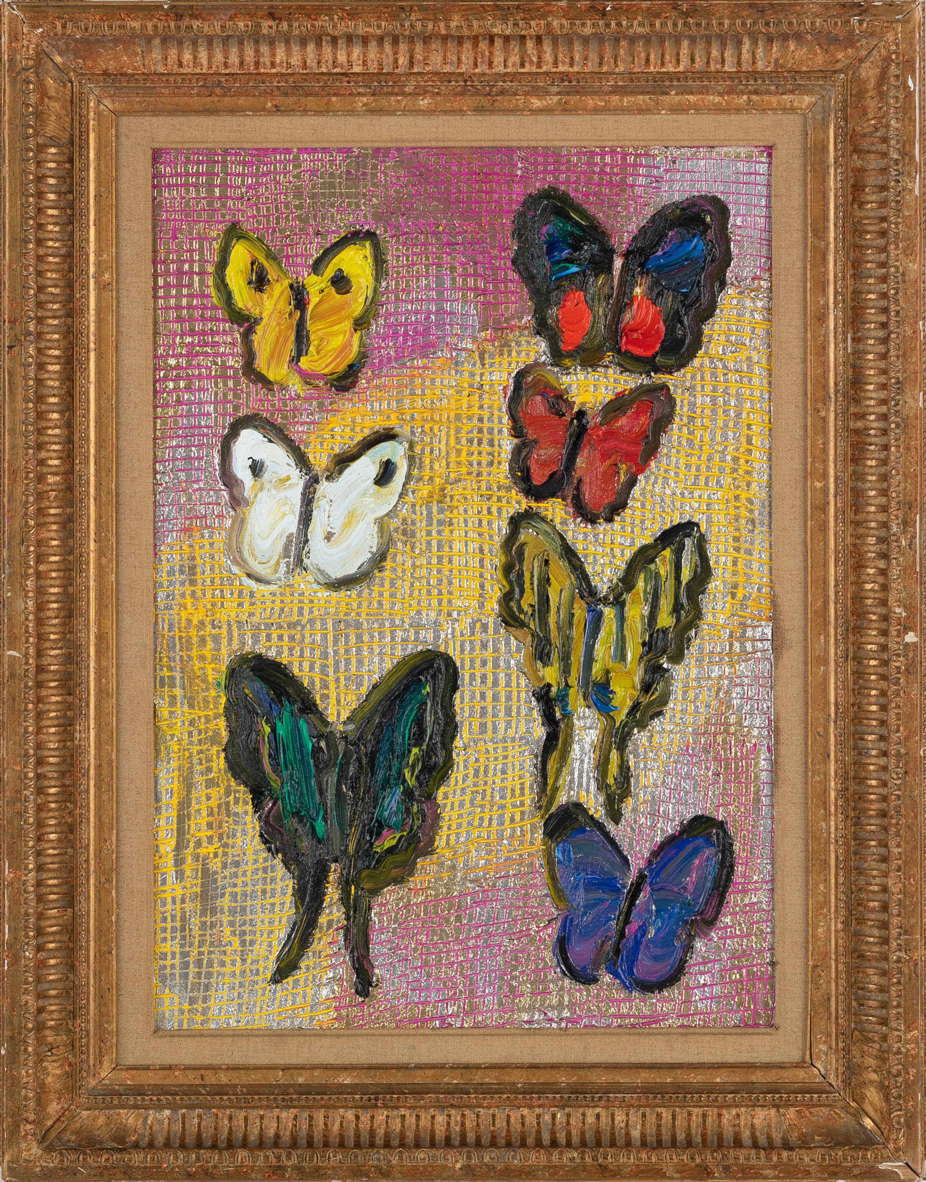 Hunt Slonem "Score" Multicolored Metallic Butterflies
Black outlined white and gold butterflies on a white scored metallic gold background.  

Unframed: 22 x 16 in.
Framed: 29 x 22.5 in.  
*Painting is framed - Please note that not all Hunt Slonem