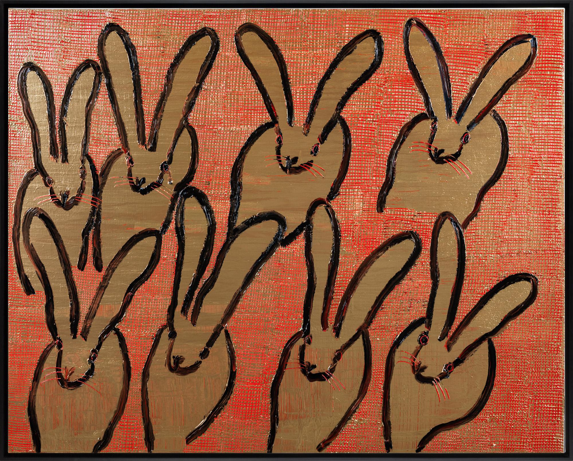 "Scored Hutch" is a framed oil painting on canvas by Hunt Slonem, depicting a hutch of rabbits set against a metallic gold and vibrant red background. The artist's technique of scoring thousands of individual lines into the thick paint adds organic