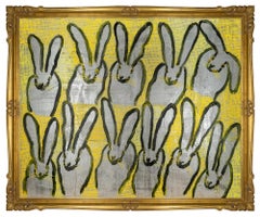 Hunt Slonem "Scored Yellow" Oil Painting of Silver Bunnies on Yellow Background