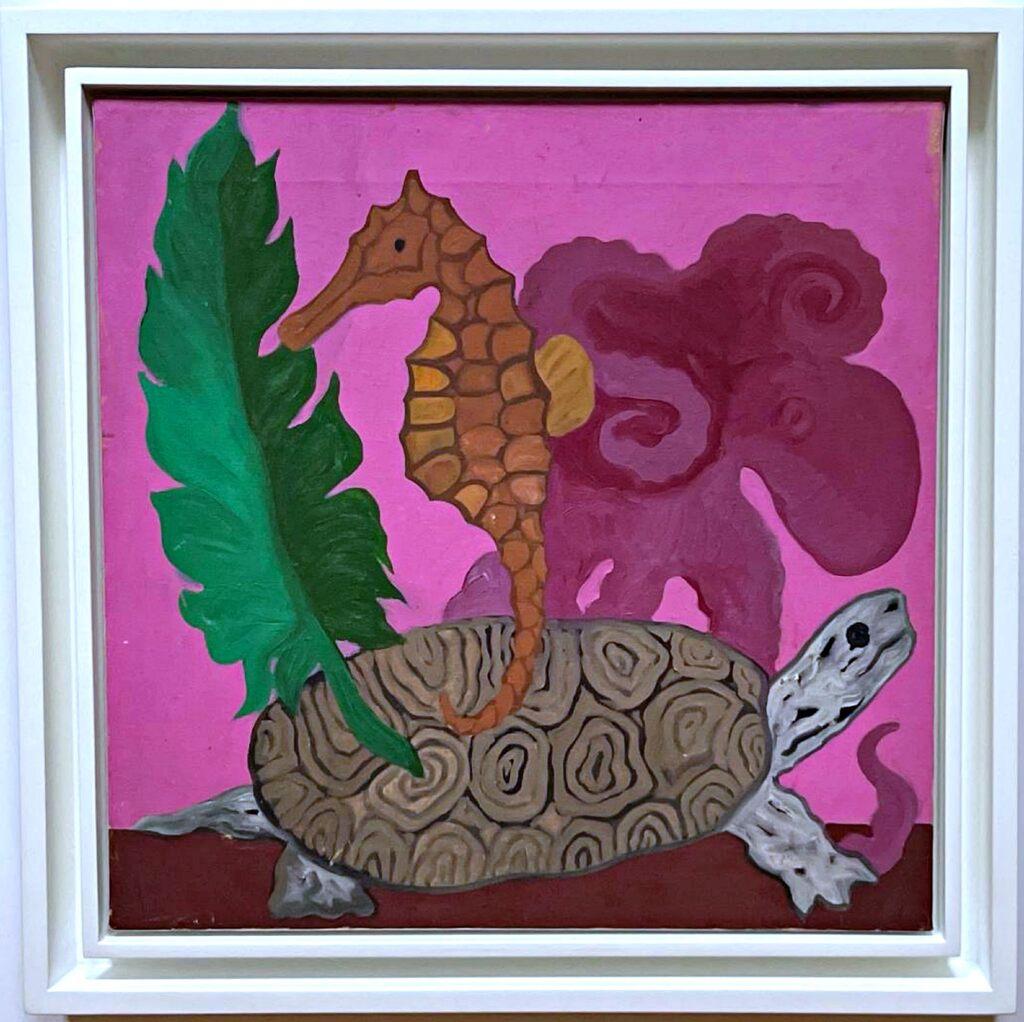 Hunt Slonem, Under the sea rare unique 1980 oil on canvas painting signed Framed