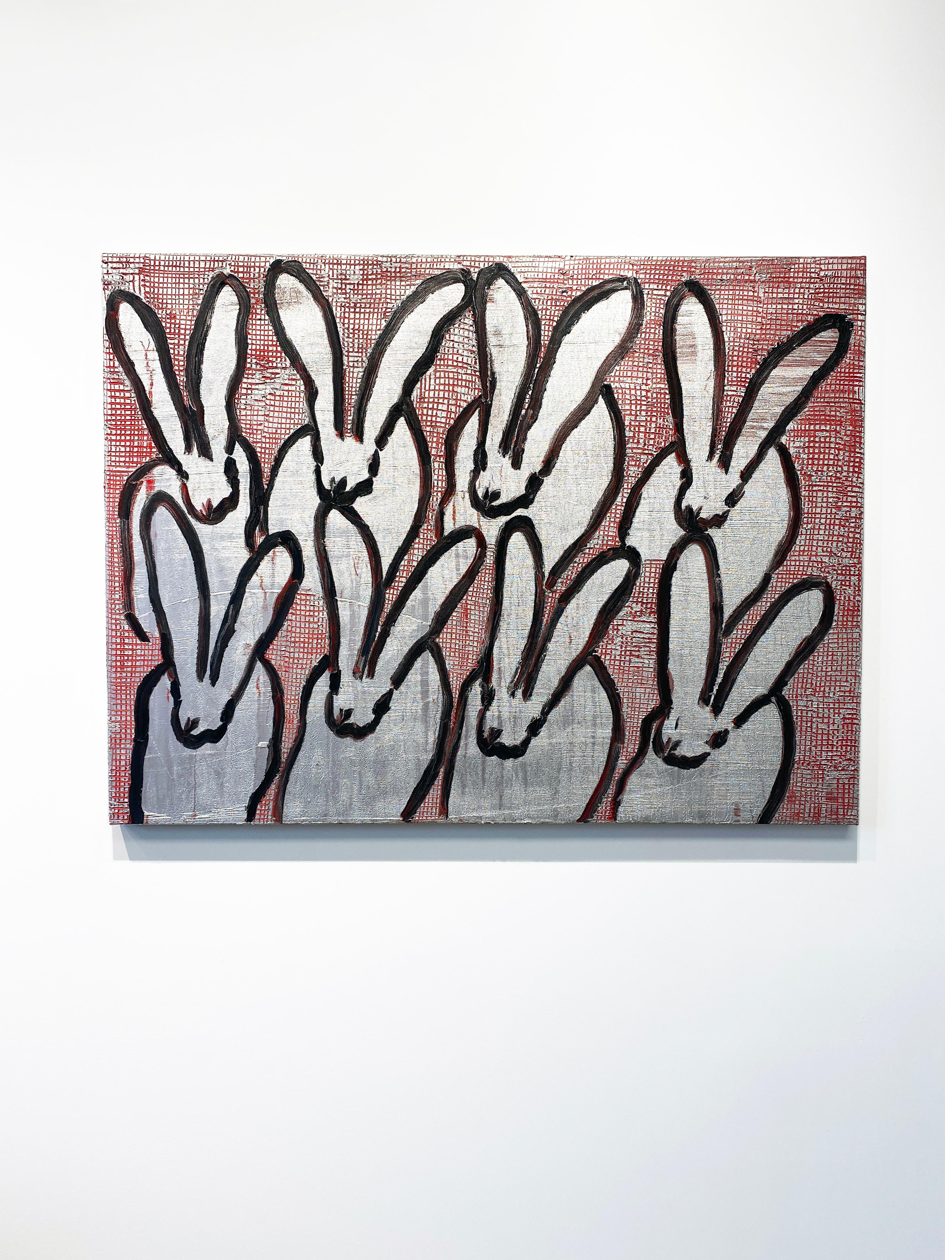 Hunt Slonem Silver and Black Bunnies Oil Painting 'Scored' For Sale 1