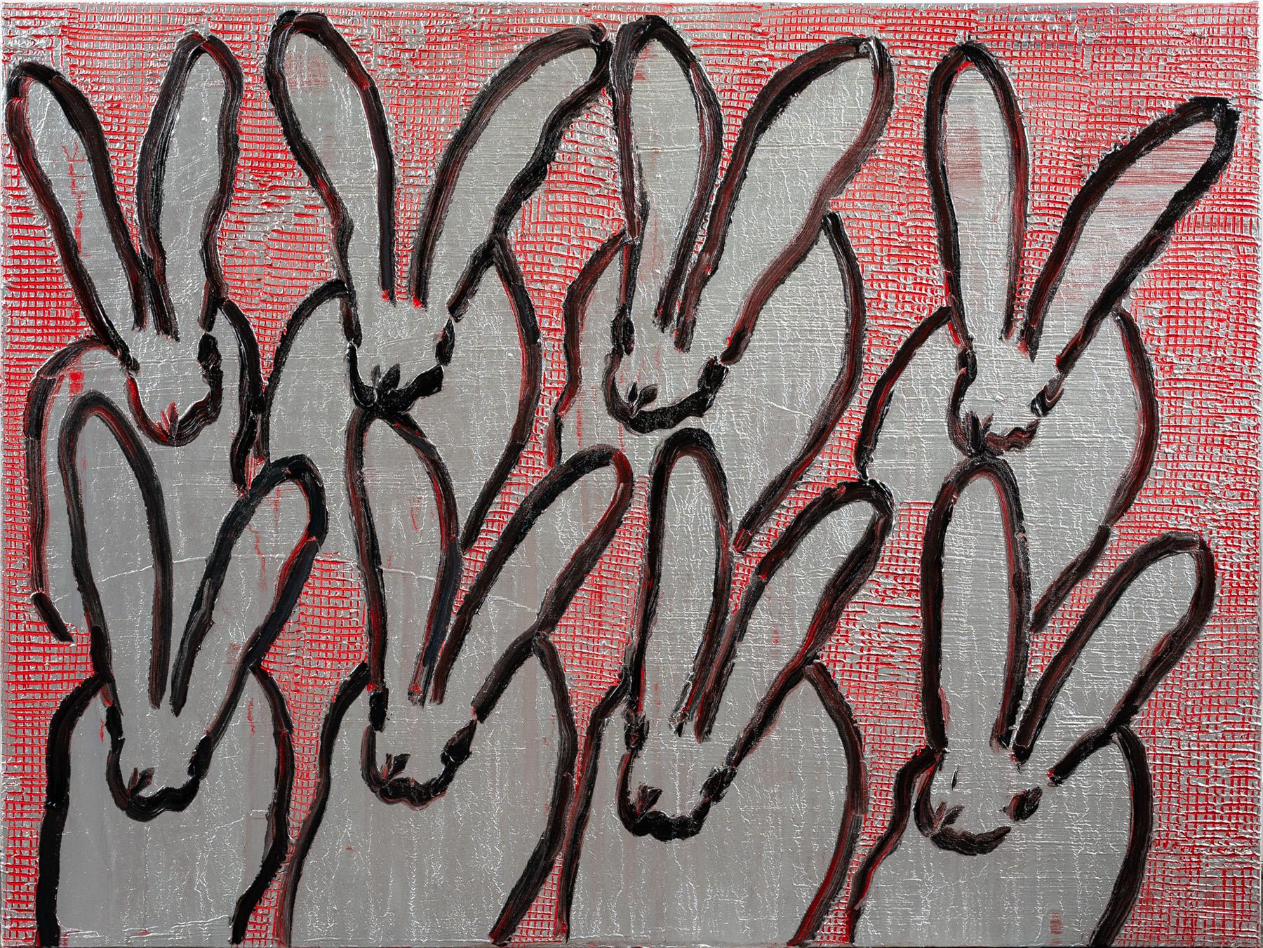 Available at Madelyn Jordon Fine Art. 'Scored' by Hunt Slonem, 2023. Oil on canvas, 36 x 48 in. This painting features Slonem's signature bunnies painted in silver, outlined in black over a silver and red crosshatched background.

Considered one of