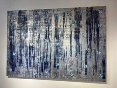 Hunt Slonem "Silver Ascension Melting" Butterflies on Metallic Blue Background