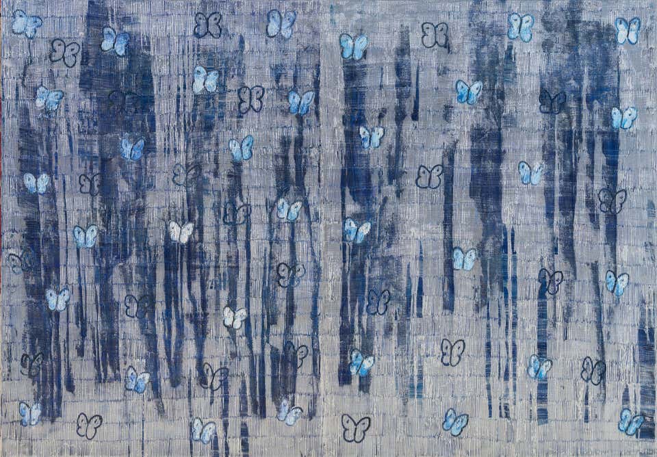 Hunt Slonem "Silver Ascension Melting" Butterflies on Metallic Blue Background