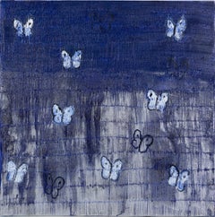 Hunt Slonem "Silver Ascension Misty" Blue Butterflies