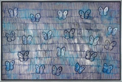 Hunt Slonem "Silver Ascension" Textured Oil Painting with Blue Butterflies