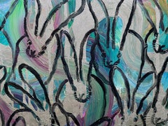 Hunt Slonem "Silver Path" Blue, Green, Purple and Metallic Bunnies