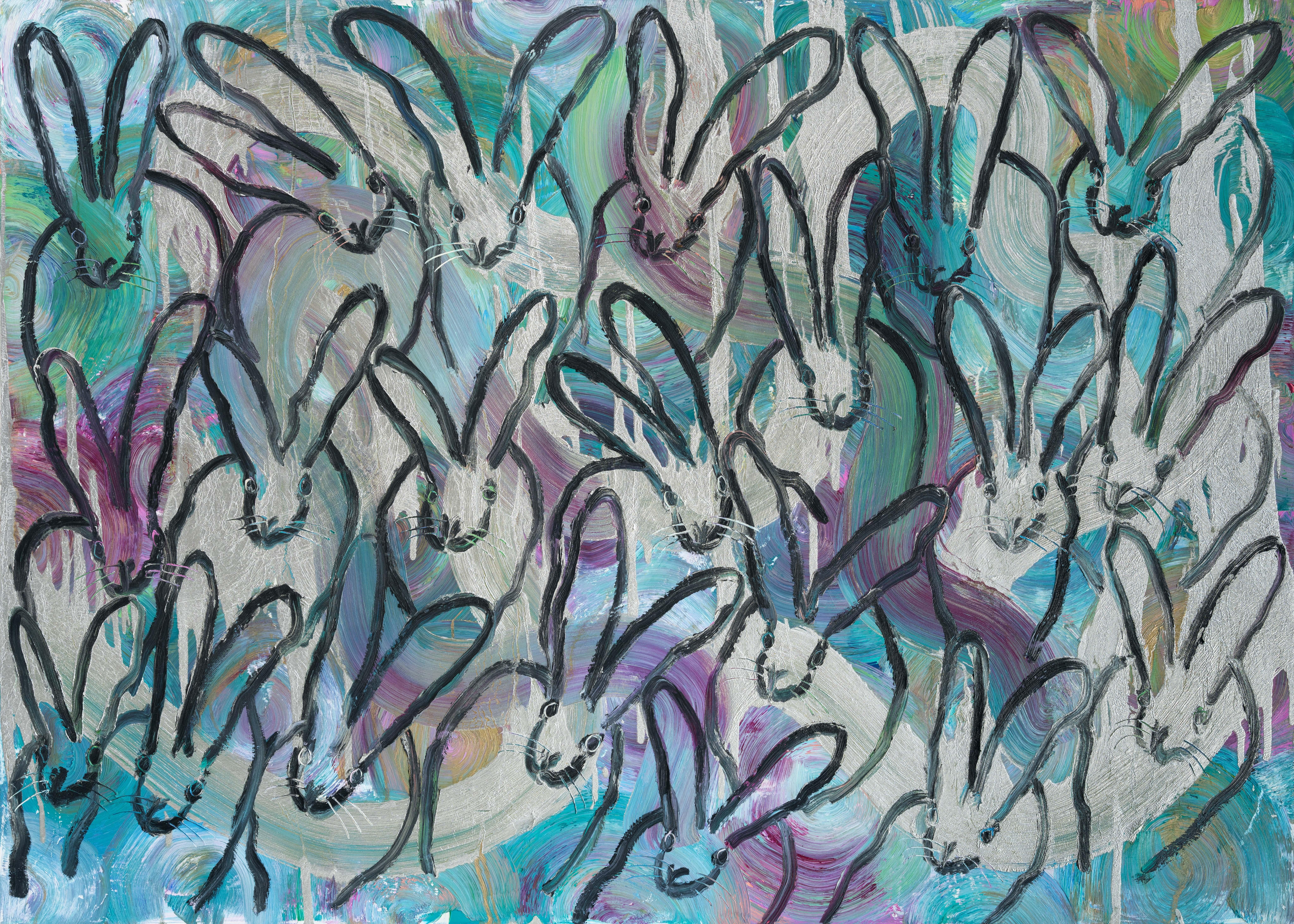 Hunt Slonem "Silver Path" Blue, Green, Purple and Metallic Bunnies
Multiple rabbits gestured in black on a silver multicolor background
Canvas 50 x 70 inches
Unframed (framing options available)

Hunt Slonem is a well-renowned American artist known