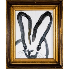 Hunt Slonem, "Snow", 10x8 Black and White Bunny Oil Painting in Antique Frame